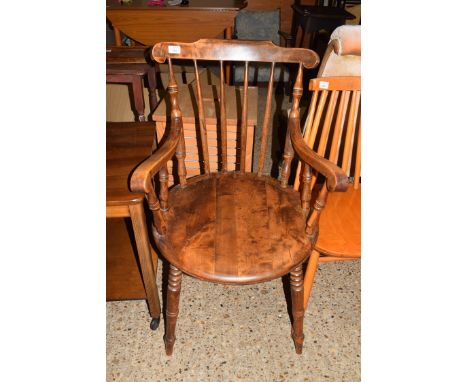 EARLY 20TH CENTURY PENNY SEATED STICK BACK CARVER CHAIR, 53CM WIDE