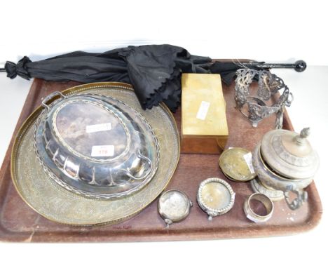 TRAY OF MIXED ITEMS TO INCLUDE A VICTORIAN UMBRELLA, SILVER PLATED ENTRÉE DISH, BRASS TRAY, SILVER PLATED FRAME FOR A SUGAR B