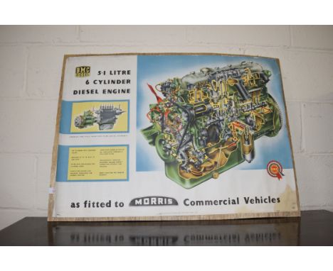 MORRIS COMMERCIAL VEHICLES DIESEL ENGINE ADVERTISING PICTURE ON WOODEN BACK, 92CM WIDE