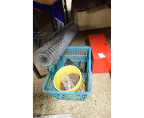 MIXED LOT COMPRISING A BASKET OF TOOLS, BUCKET OF NAILS, ROLL OF WIRE AND A SMALL METAL MULTI-DRAWER WORKSHOP CABINET