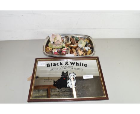 REPRODUCTION BUCHANANS BLACK AND WHITE SCOTCH WHISKY MIRROR TOGETHER WITH VARIOUS SMALL ORNAMENTS TO INCLUDE WADE WHIMSIES