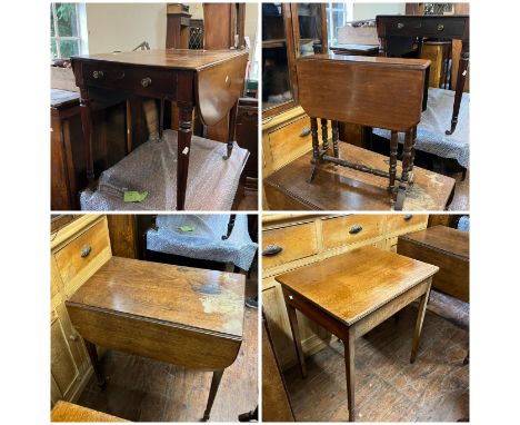 4 wooden side and small drop leaf tables plus small glassed display cupboard&nbsp; (5) Ticket states 4
