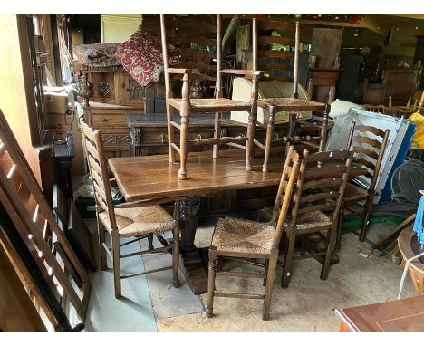 Oak refectory table, 20th century.  2 carved baluster supports with single central stretcher .  plus 6 oak ladder back chairs