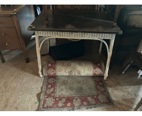 Painted, "in the style of Lloyd loom" table plus carpet runner Condition fair.&nbsp; Good restoration projects&nbsp;