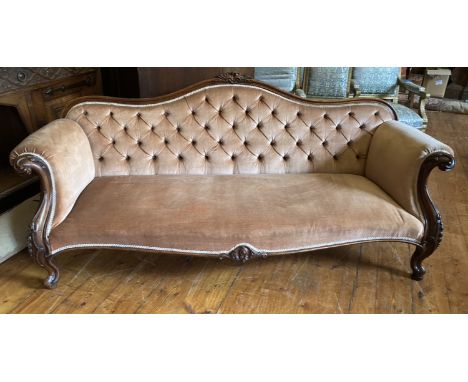 Victorian Pink Sofa mahogany carved frame , scrolled arms with carved detail cariole legs and claw feet 210cms wide approx