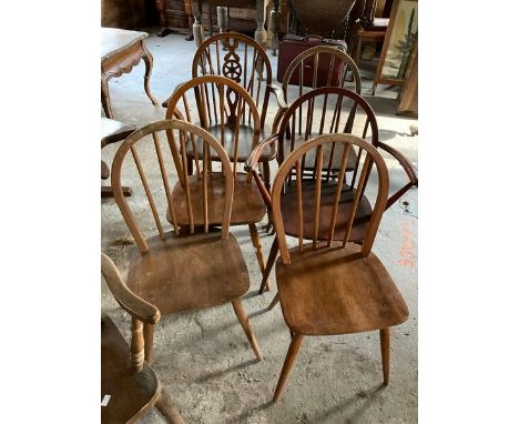 Six assorted Ercol design beech chairs; another Ercol type rocking chair (7)