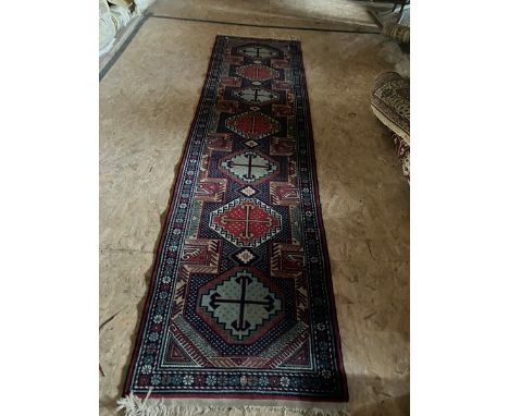 Persian style/Middle eastern carpet runner blue with red diamond pattern 9'10 x 28" 