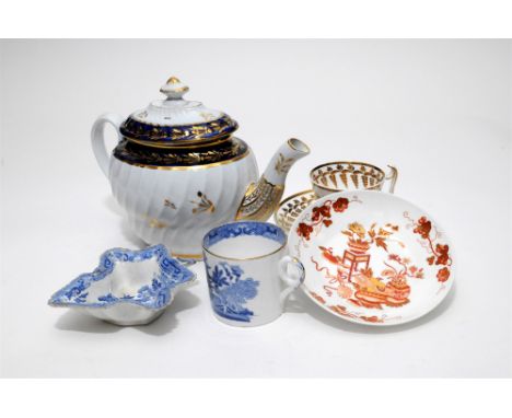 A collection of 18th and 19th century English porcelain including a Coalport teapot and cover, four Spode teacups and saucers