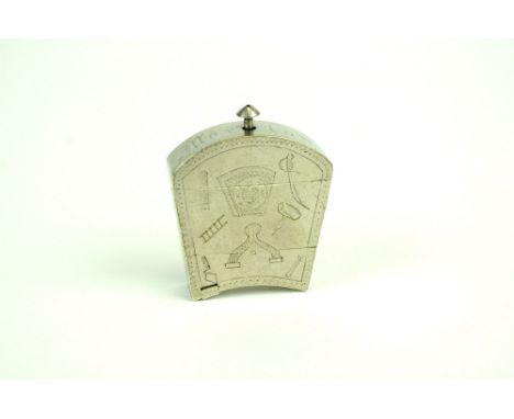 A late 19th/early 20th century white metal masonic snuff box, the shaped arched box engraved with masonic symbols and 'Morton