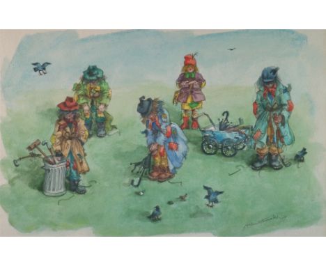 Albin Trowski (1919-2012), Five tramps playing golf with an umbrella, signed and dated '94 lower right, watercolour over pen 