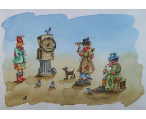 Albin Trowski, Three tramps playing darts at old bicycle wheel, signed and dated 2000 lower right, watercolour over pen and i