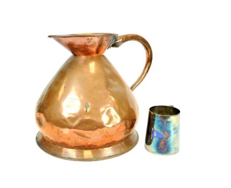 A early 20th century copper two gallon measure, together with a silver plated tankard of tapering form decorated with applied