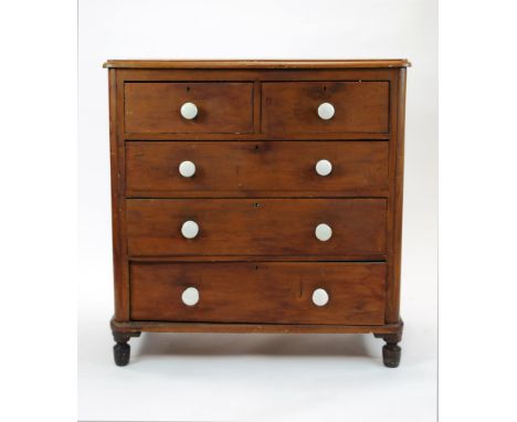 A Victorian pine chest of three long two short drawers with applied ceramic handles and painted finish, 106cm high, 101cm wid