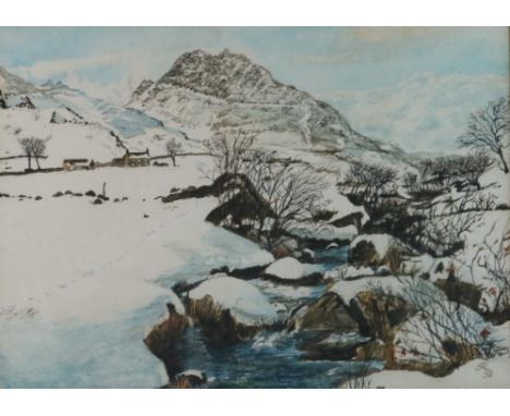British school, 20th century, Cottages in a snowbound landscape, signed 'R' lower right, dated '80, watercolour, 27 x 37cm
