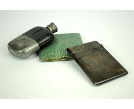 A silver card case, together with a silver vesta case, a shagreen mounted cigarette case, cased spectacles, hat pins, a silve