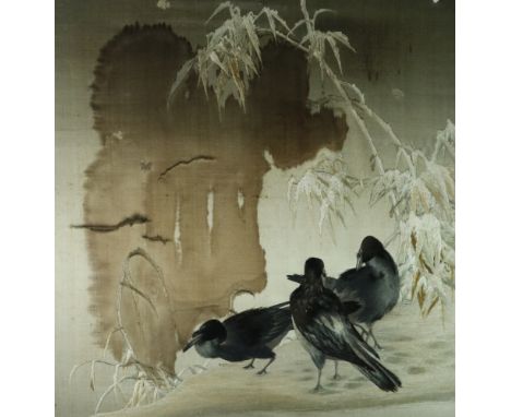 A late 19th century tapestry of crows in a landscape and a collection of frames and prints