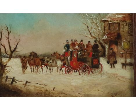 R H Rideout, three coaching scenes framed as one, one signed, 12.5 x 19.5cm each