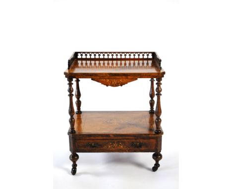 A Victorian walnut veneered two tier whatnot, each rectangular top with canted cornice decorated with satinwood inlay and bor