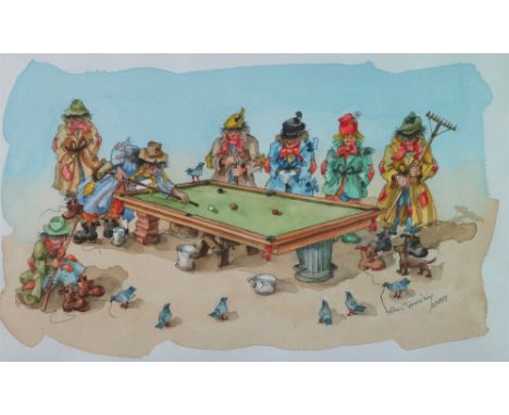 Albin Trowski (1919-2012), Seven tramps playing snooker with a brush, signed and dated 2001 lower right, watercolour over pen