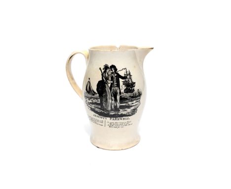 A rare English creamware jug attributed to Herculaneum, late 18th century transfer-printed in black with a 'Jemmy's Farewell,