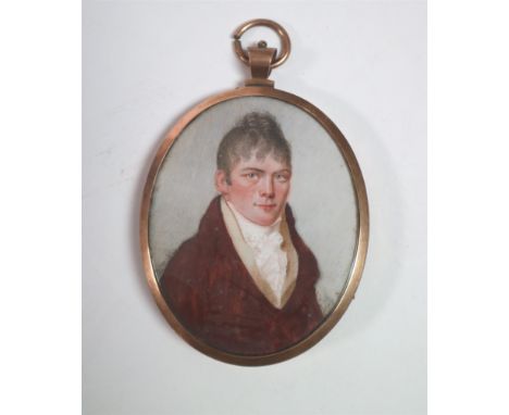 British school, 19th century, Portrait miniature of a young gentleman wearing a brown jacket and white stock, together with a