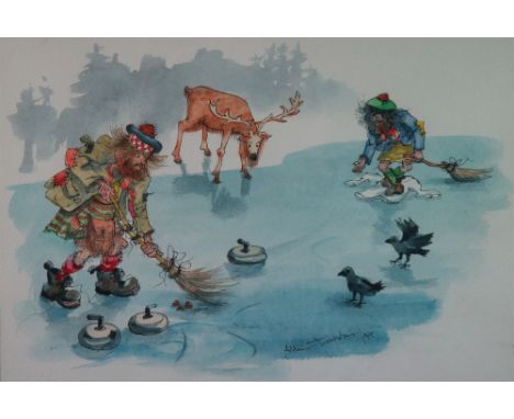 Albin Trowski (1919-2012), Two tramps in highland dress playing curling on ice with stag on looking, signed and dated '94 low