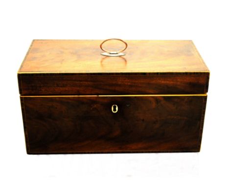 A Regency flame mahogany veneered tea caddy of rectangular form, with crossbanded rosewood and boxwood strung inlaid corners,