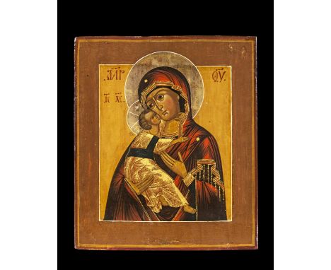Ikone mit der Gottesmutter von Wladimir. Russland, 19. Jh. H  31cm, B 27cm. Tempera über Kreidegrund auf Holz. Im leicht vert