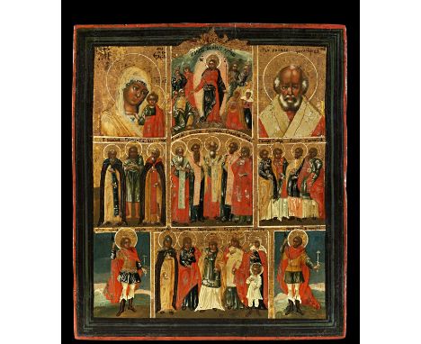 Mehrfelderikone. Russland,18. Jh. H 34,6cm, B 30cm. Einzeltafel. Eitempera auf Kreidegrund, Goldgrund. Mit der Gottesmutter v
