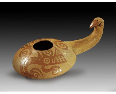 Zeremonial-Röstpfanne für Mais. Moche, Spätzeit, ca. 500 - 700 n. Chr. H 27cm, L ca. 26cm. Ton mit Bemalung in Hellbraun. Pfa