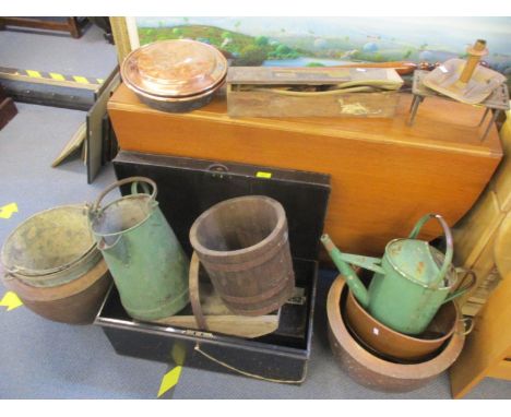 A mixed lot to include a warming pan, planters, watering can, tin trunk containing tools and other items 