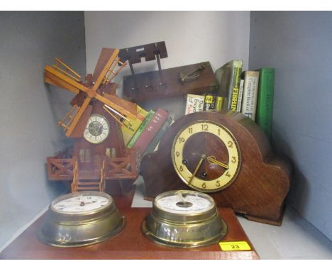 A treen clock in the form of a windmill, a 1940s mantle clock and a modern mounted barometer and clock, together with a quant