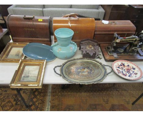 Three wooden cased sewing machines, a pair of gilt framed marine prints, a wooden cuckoo clock, mixed ceramics and other item