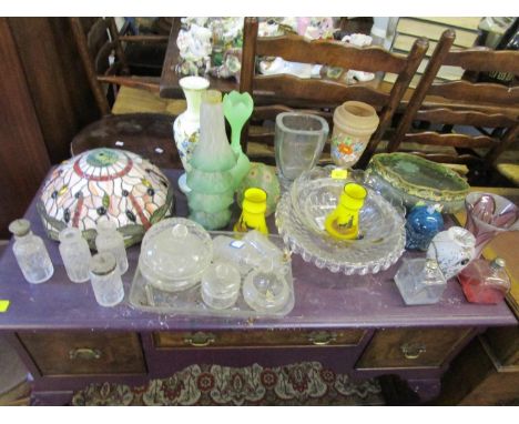 A selection of Victorian and later Art glass to include a pair of enamelled Czechoslovakian yellow glass vases and a modern T