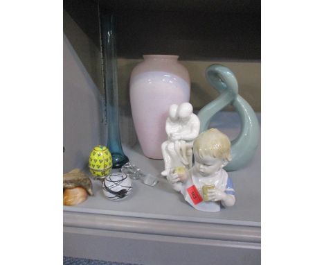 Decorative household ornaments to include Art Glass, a German bust of a toddler eating and a Spode figure entitled 'Story Tim