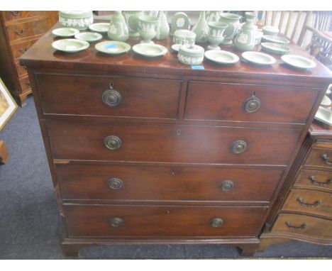 An early 19th century mahogany chest of two short and three long drawers having ring handles and bracket feet, 40" h x 38"wLo