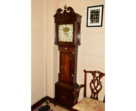 AN EARLY 19TH CENTURY OAK AND MAHOGANY BANDED LONGCASE CLOCK, the broken swan neck pediment with brass sphere finial to centr