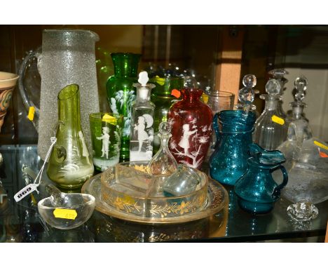 SIX PIECES OF MARY GREGORY STYLE GLASS, together with a 19th Century Hors D'oeuvre dish having gilt decoration, a 19th Centur