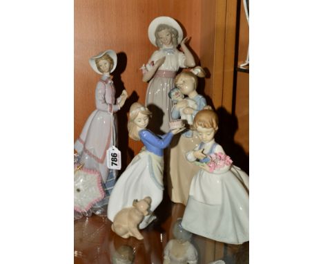 A LLADRO FIGURE, 'PARISIAN LADY', No 5321, by Jose Puche (parasol loose), together with four Nao figures, girl with cake (reg