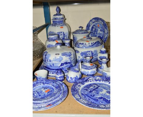 A COLLECTION OF SPODE ITALIAN BLUE AND WHITE ORNAMENTAL AND TABLEWARES, including hexagonal jar and cover, Stilton dish and c