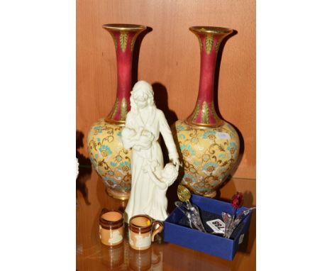 TWO SWARVOSKI CRYSTAL TULIPS, together with two miniature Royal Doulton stoneware tankards, Rd 409773, impressed J.H.W. to ba