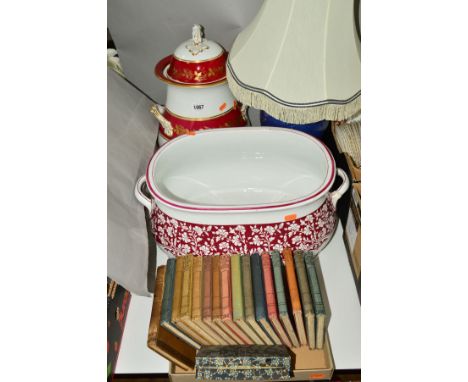 A VICTORIAN POTTERY FOOTBATH OF OVAL FORM, a/f, together with a powder blue glazed baluster table lamp, a Victorian waste wat