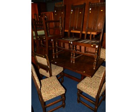 AN OAK REFECTORY TABLE, and four dark Ercol chairs and a set of reproduction oak dining chairs, together with two Art Nouveau