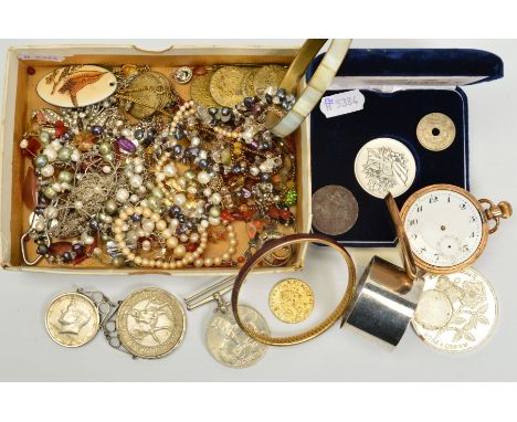 A SELECTION OF COSTUME JEWELERY, COINS AND A POCKET WATCH, to include a cased commemorative Japanese coin, a full hunter gold