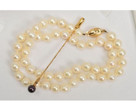 A CULTURED PEARL NECKLACE WITH 9CT GOLD CLASP AND A CULTURED PEARL STICKPIN, the necklace a single row of uniform cultured pe