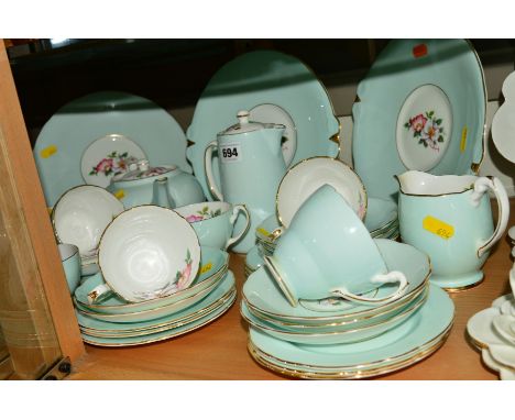 HAMMERSLEY CHINA TEAWARES, floral decoration with mint green surround, comprising teapot, hot water jug, three cake plates, e