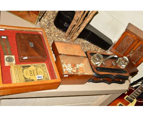 A VICTORIAN INK STAND WITH SINGLE DRAW AND TWO INK BOTTLES, a box of Mahjong tiles and counting sticks, wooden glass topped d