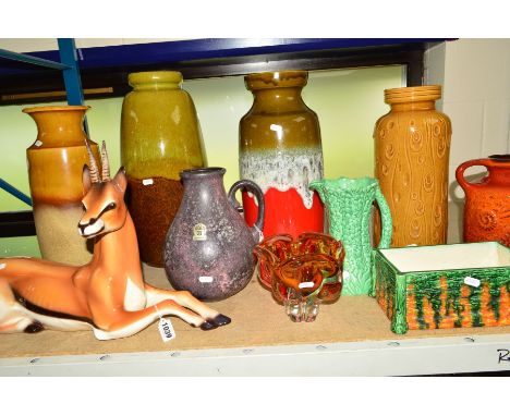 A GROUP OF WEST GERMAN POTTERY VASES, various coloured glazes, a ceramic antelope, a glass vase, rectangular Bretby planter (