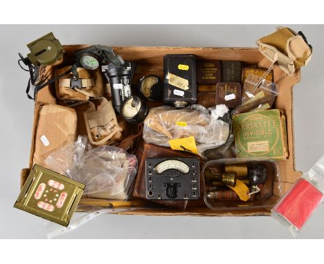 A LARGE BOX OF ASSORTED MILITARIA, including current British issue Desert Mine encounter kit with prods, sticks and warning p