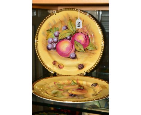 TWO AYNSLEY 'ORCHARD GOLD' CABINET PLATES, with gilt edge, one signed D.Jones, diameter 26.5cm (green backstamp) (2)